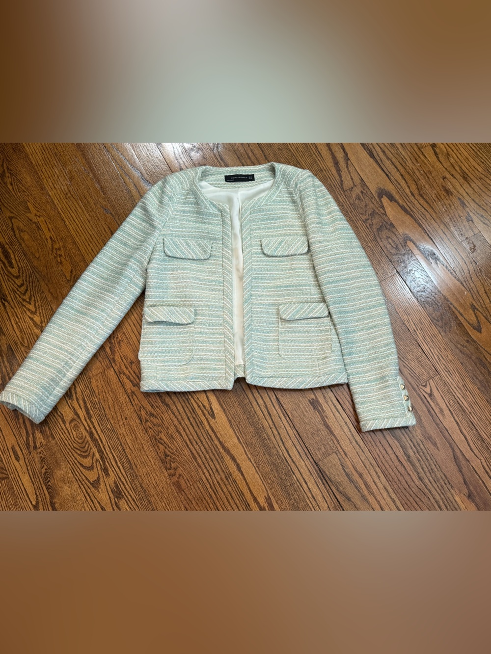 Zara Mint and Cream Tweed Collarless Blazer